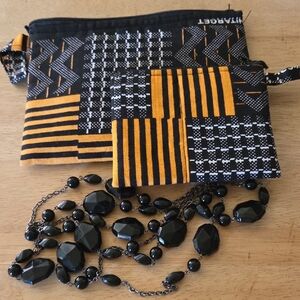Black and Orange Patterned Bag Set with Beaded Necklace